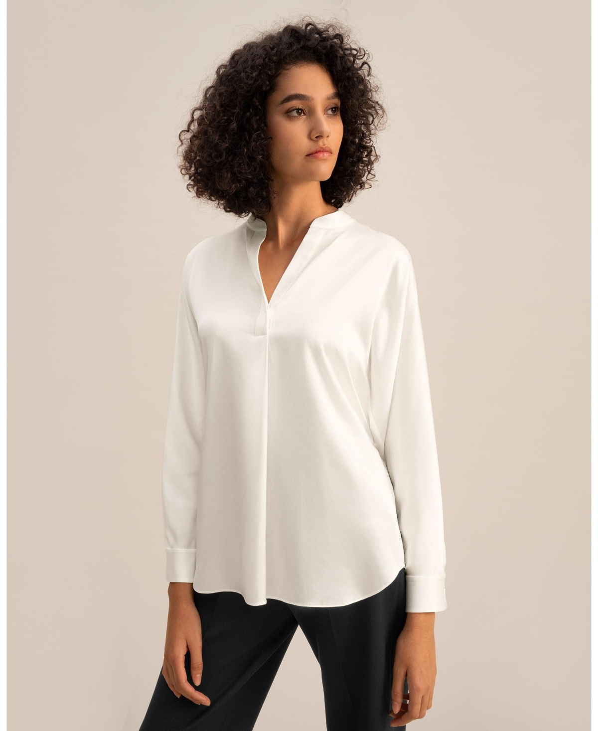Women's Loungeful Split Neck Silk Shirt for Women - Natural white