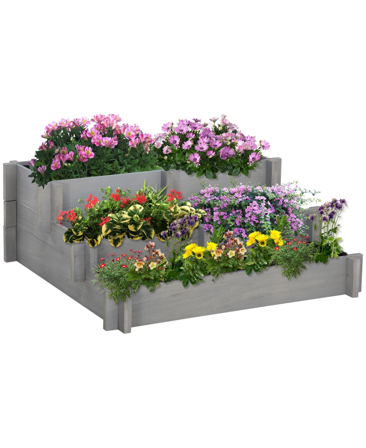3-Tier Raised Garden Bed, Water Draining Fabric for Soil, Elevated Wood Flower Box for Vegetables, Herbs, Outdoor Plants, Gray - Gray