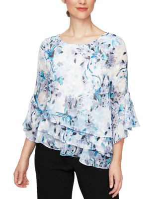 Alex Evenings - Petite Floral-Print Ruffled 3/4-Sleeve Blouse