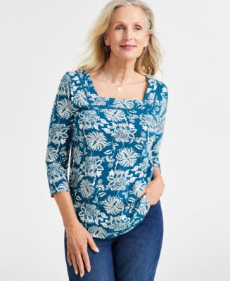 売れ筋商品|||スタイルアンドコー カットソー トップス レディース Women's Printed Cotton Square-Neck Top, Exclusively at Macy's Fauna Navy Style & Co Women's Printed Square-Neck Cotton Top, Created