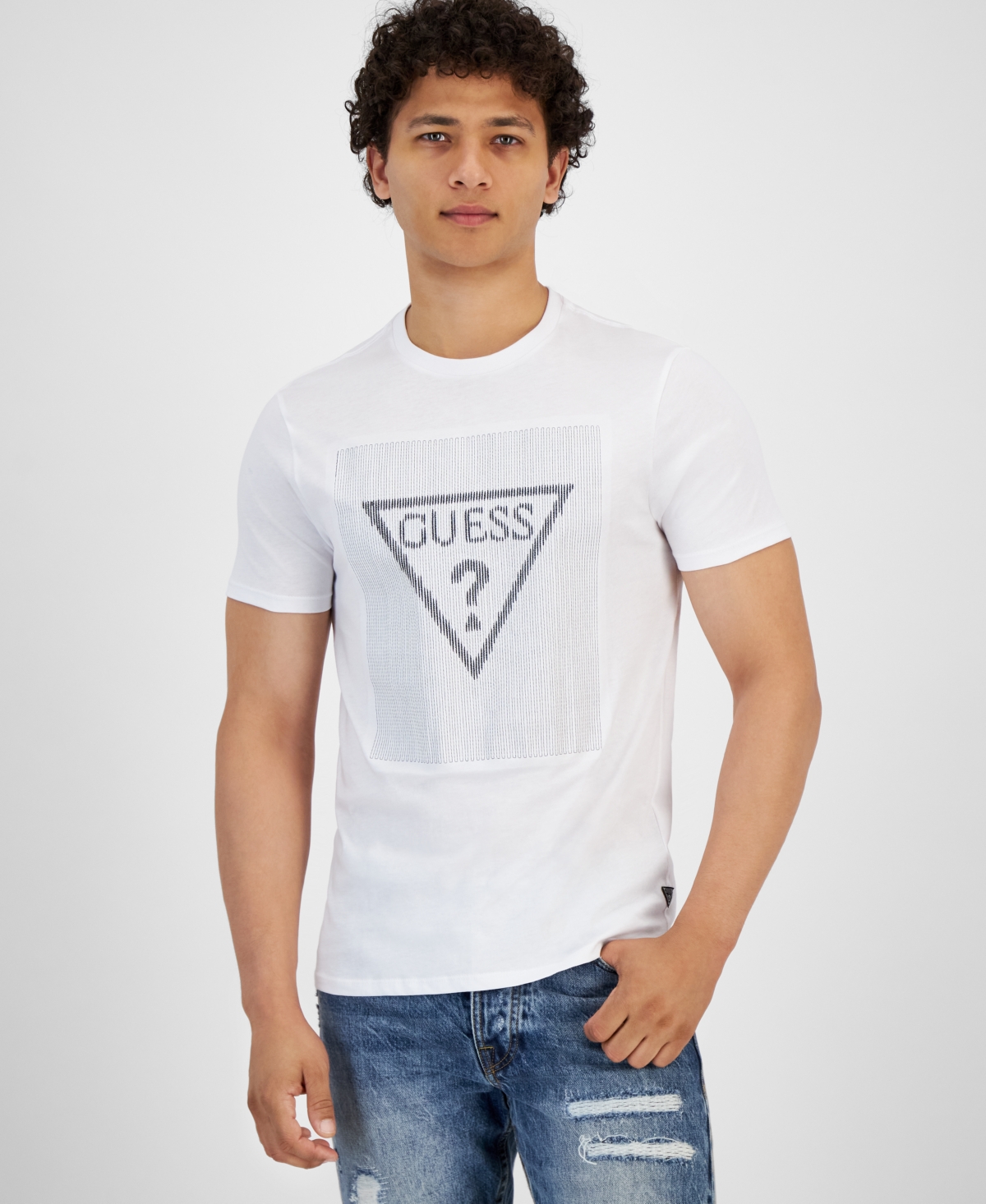 Guess Men's Stitch Triangle Logo Short-sleeve Crewneck T-shirt In Pure White