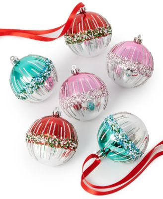 Holiday Lane - Christmas Cheer Red, Blue & Silver-Tone Plastic Ball Ornaments, Set of 6