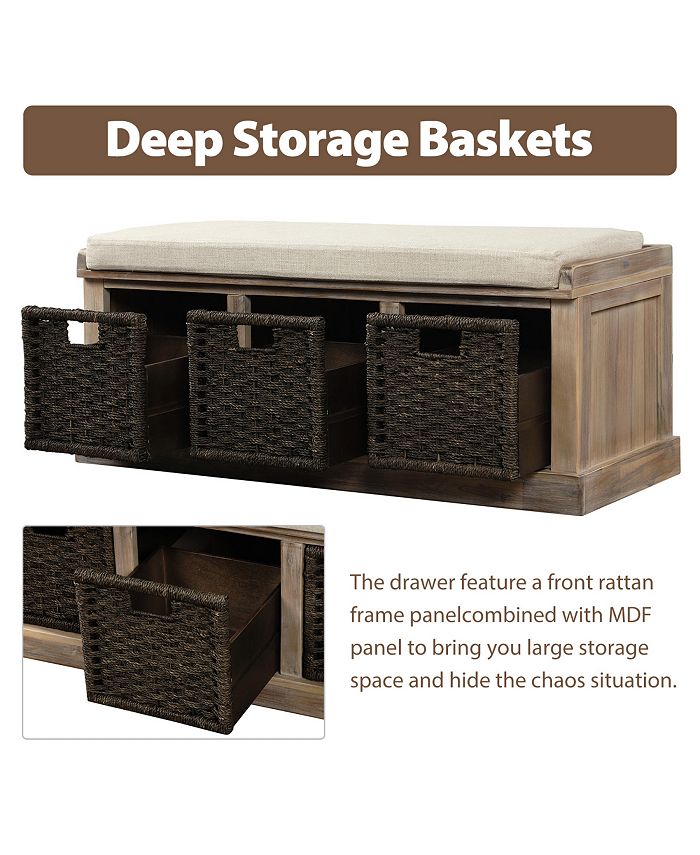 Simplie Fun Rustic Storage Bench with 3 Removable Classic Rattan Basket