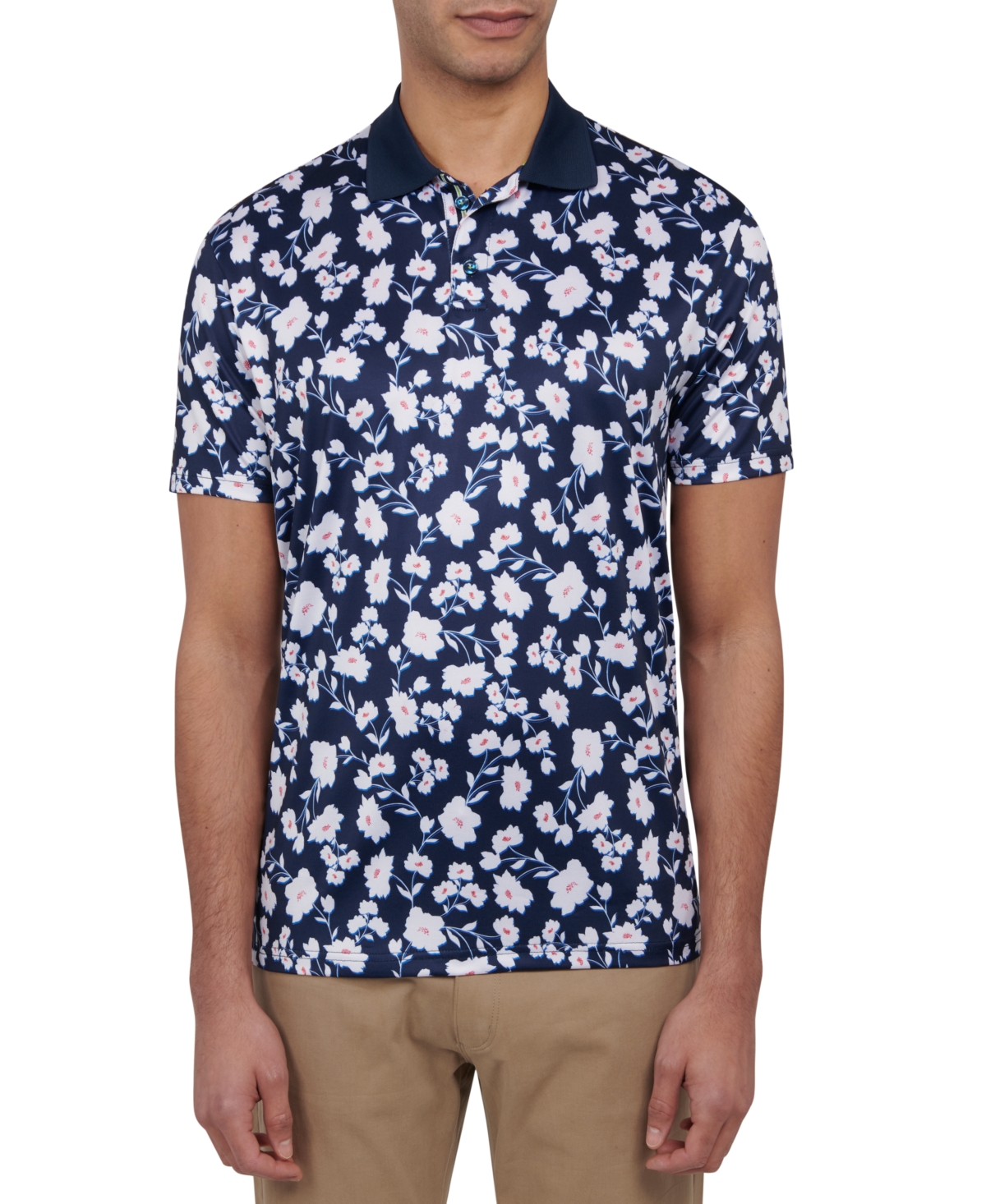 Society Of Threads Men's Slim Fit Floral Print Performance Polo Shirt In Navy