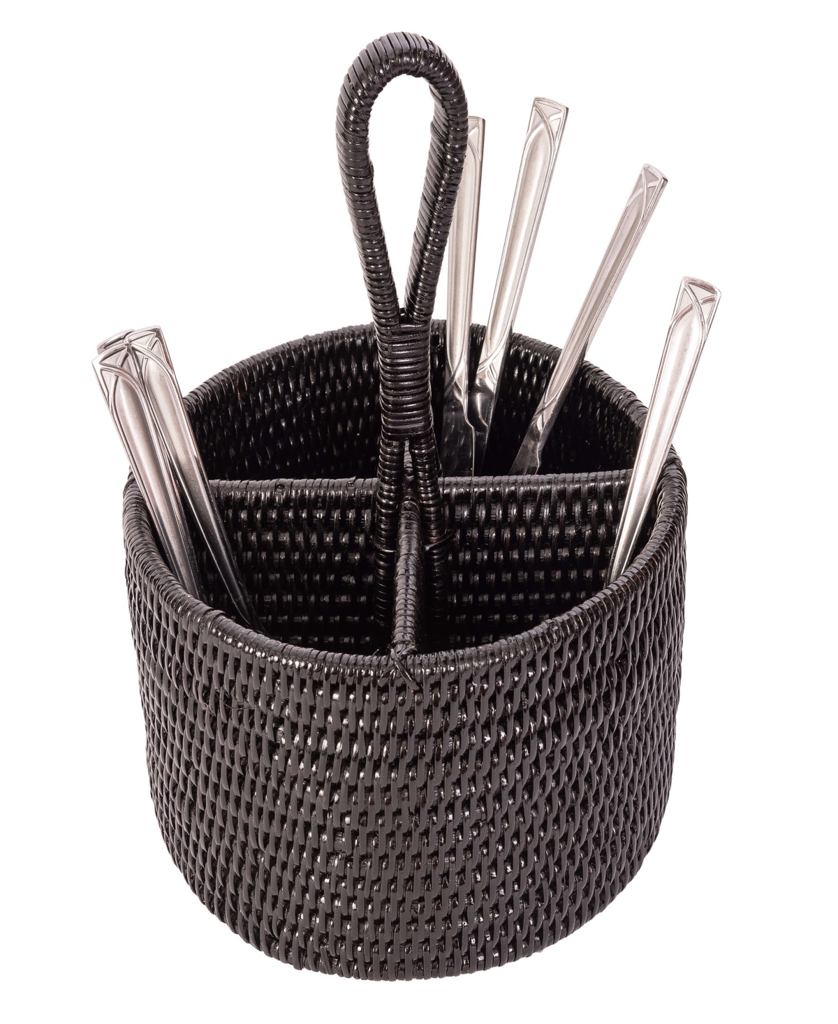 Artifacts Trading Company Rattan Round 4 Section Caddy/cutlery Holder In Tudor Black