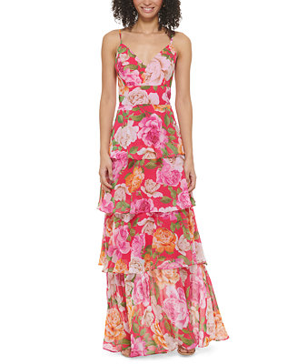 Eliza J Women's Floral-Print V-Neck Tiered Gown - Macy's