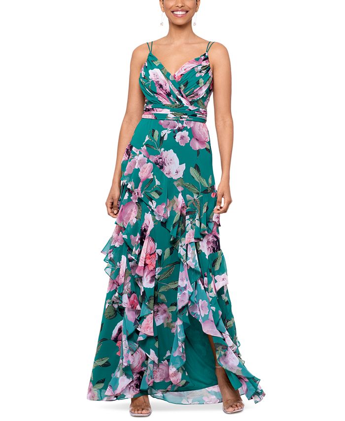 XSCAPE Women's FloralPrint Ruffled Chiffon Gown Macy's