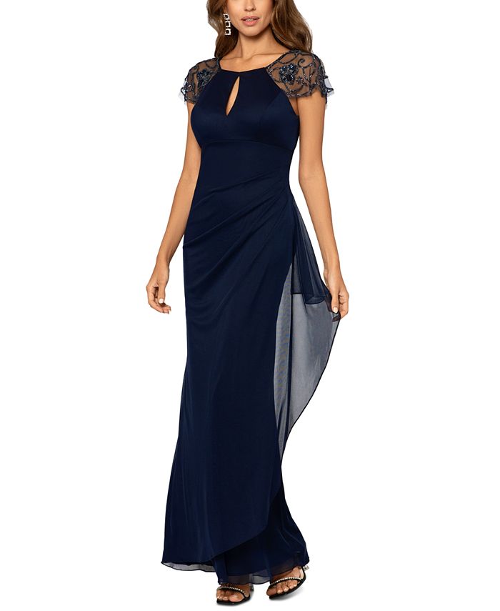 XSCAPE Women's Beaded CapSleeve Ruched Gown Macy's