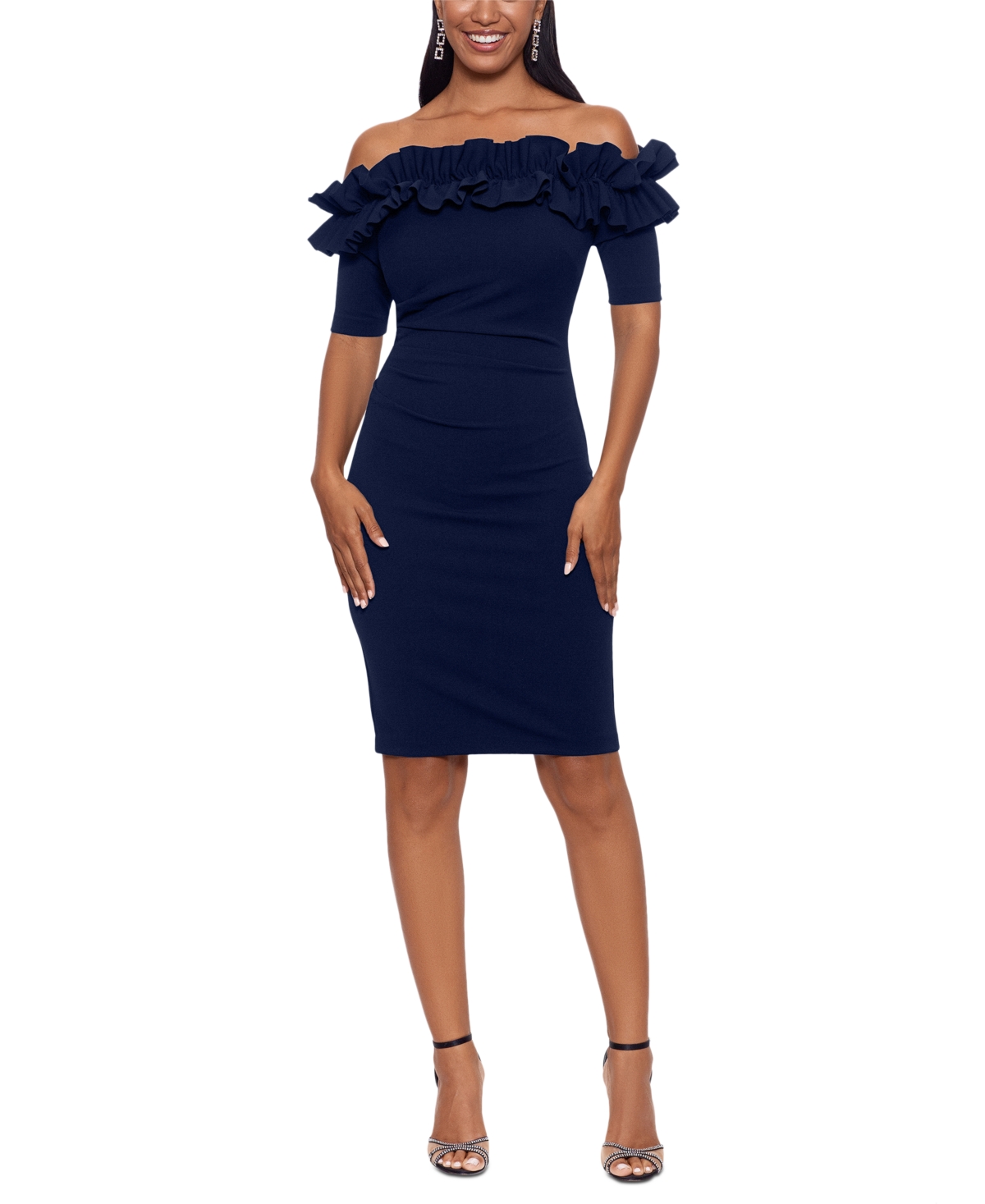 Shop Xscape Ruffled Off-the-shoulder Bodycon Dress In Navy