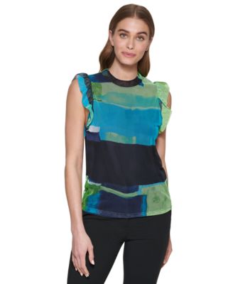 DKNY - Women's Printed Jewel-Neck Flutter-Sleeve Top