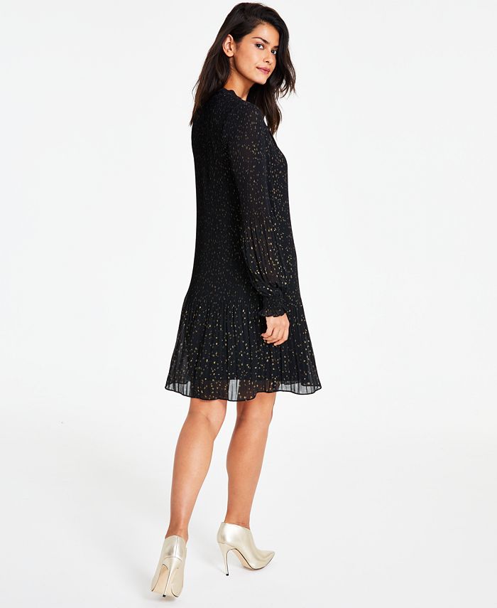 dkny long sleeve tie neck pleated shift dress