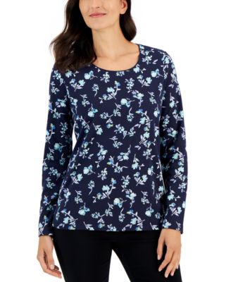 Karen Scott - Petite Ditsy Delight Long-Sleeve Top, Created for Macy's