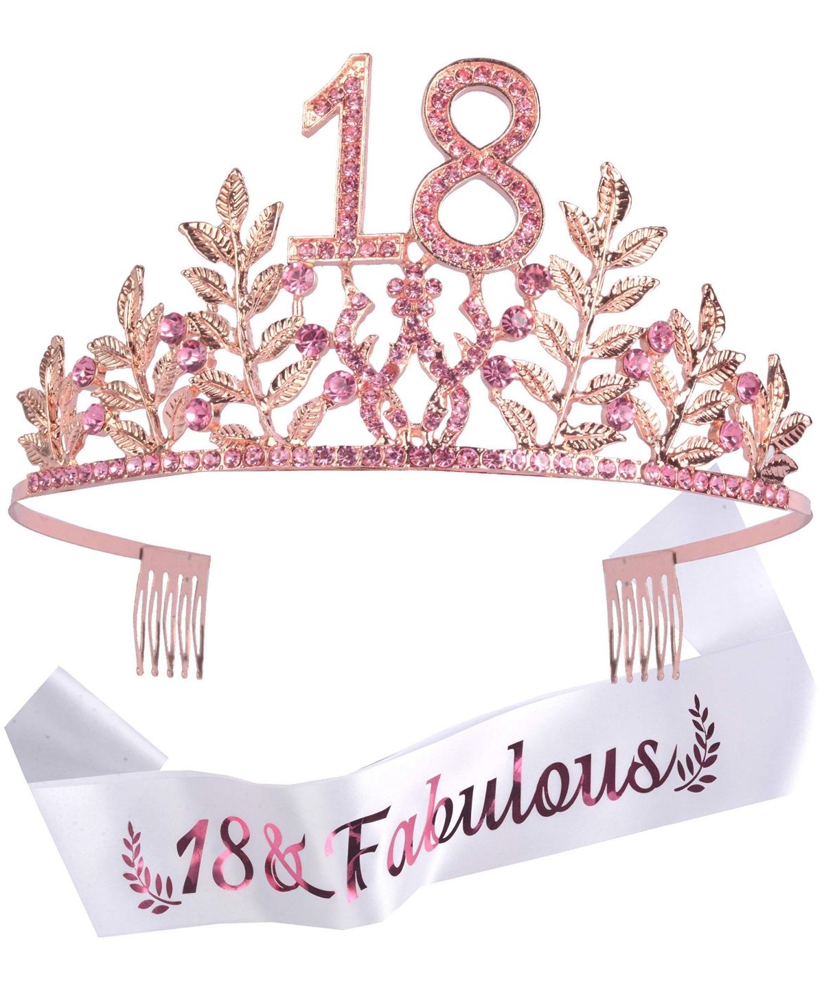 Doradreamdeko 18th Birthday Sash and Tiara for Women - Fabulous Set: Glitter Sash + Leafs Rhinestone Pink Premium Metal Tiara, 18th Birthday Gifts for