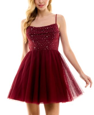 City Studios - Juniors' Cowlneck Embellished-Bodice Fit & Flare Dress