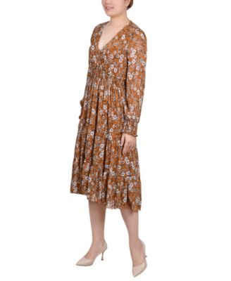 Women's Long Sleeve Clip Dot Chiffon Dress with Smocked Waist and Cuffs Dress