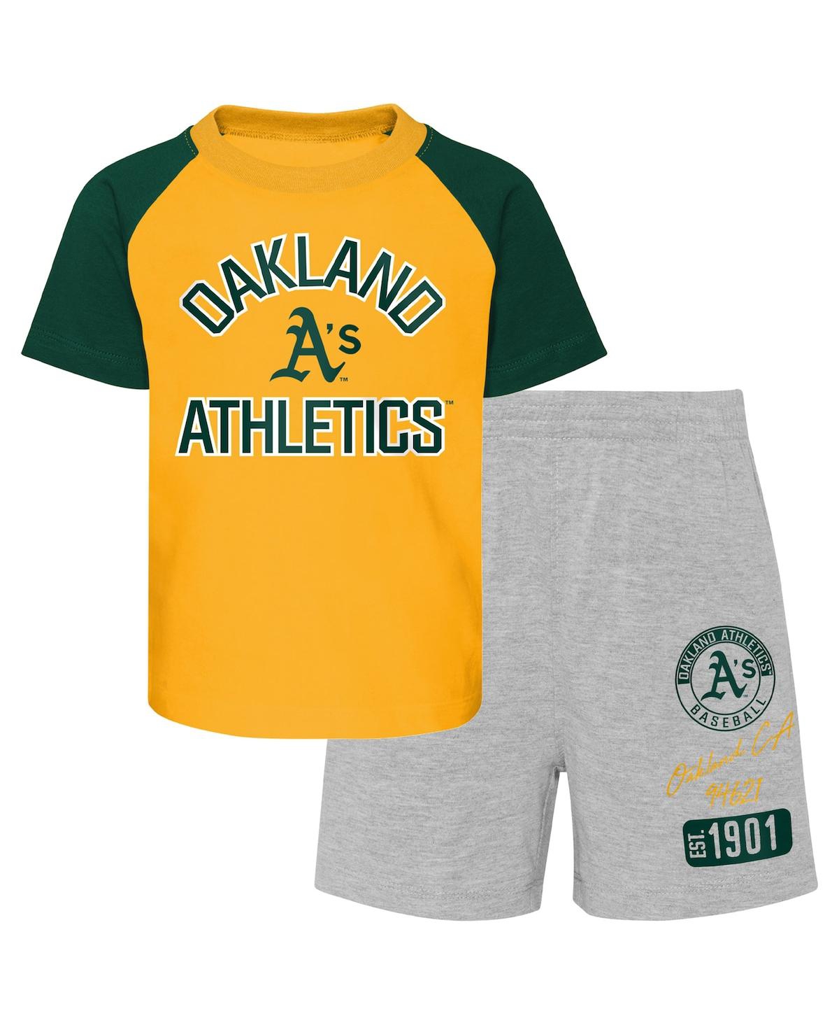 Shop Outerstuff Toddler Boys And Girls Gold, Heather Gray Oakland Athletics Two-piece Groundout Baller Raglan T-shir In Gold,heather Gray
