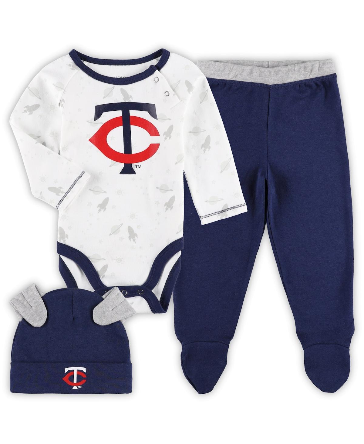OUTERSTUFF NEWBORN AND INFANT BOYS AND GIRLS NAVY, WHITE MINNESOTA TWINS DREAM TEAM BODYSUIT, HAT AND FOOTED PA