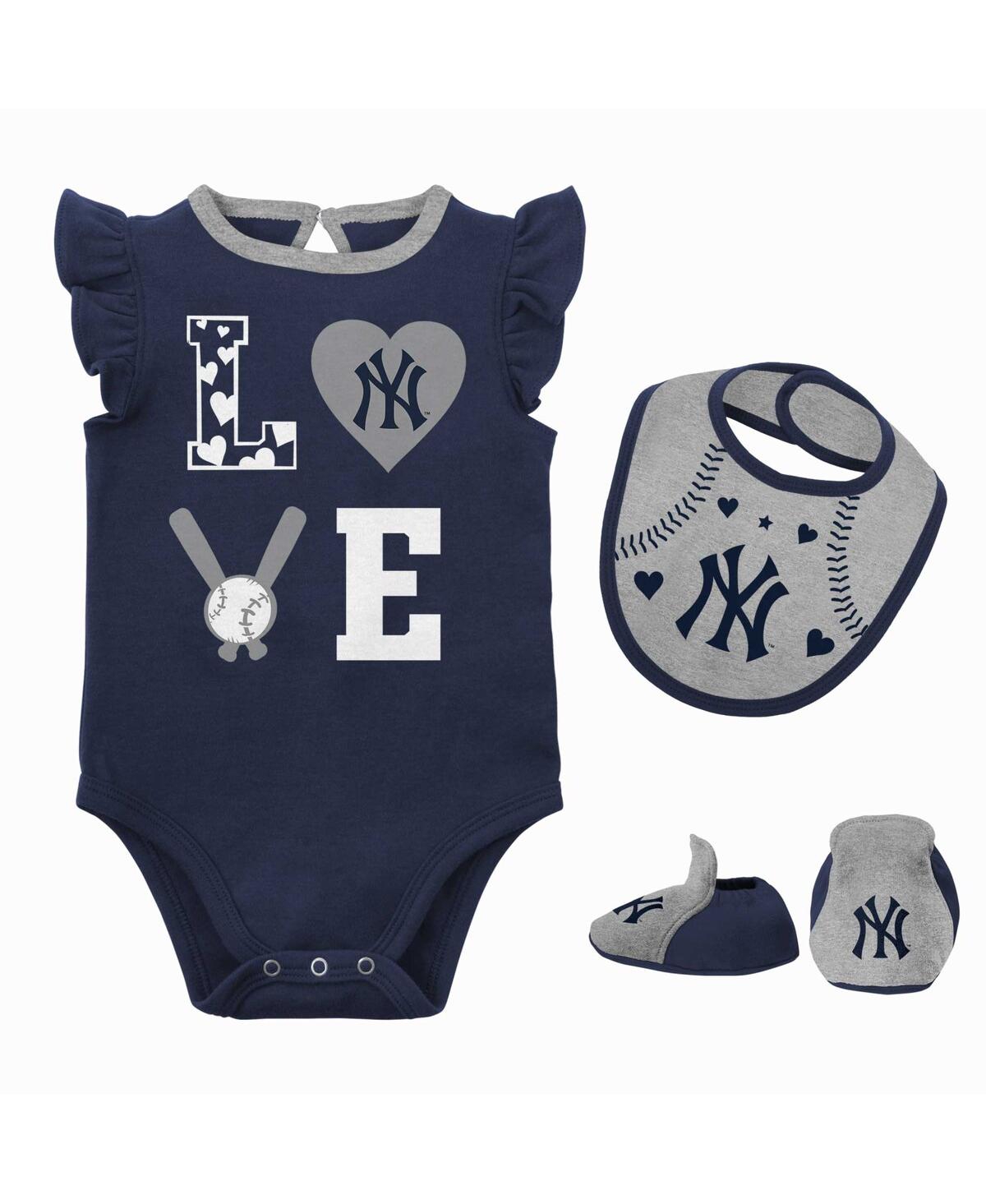 Outerstuff Babies' Newborn & Infant Navy/heather Gray New York Yankees Three-piece Love Of Baseball Bib Bodysuit & Boot In Navy,heather Gray