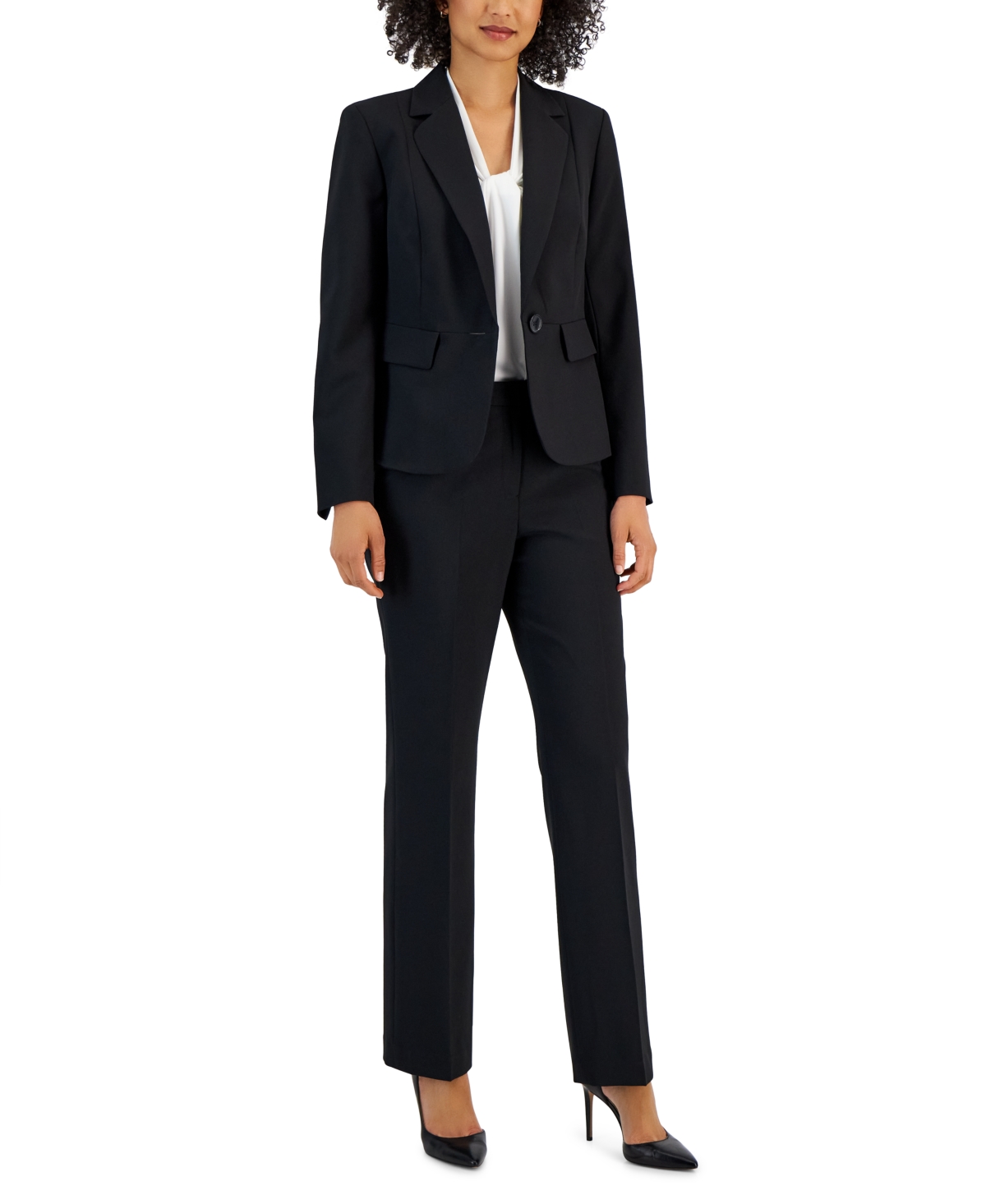 Le Suit Women's Notch-collar Mid-rise Straight-leg Pantsuit In Black