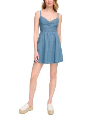 DKNY Jeans - Women's Sleeveless Smocked-Back Zipper-Pocket Cotton Denim Dress