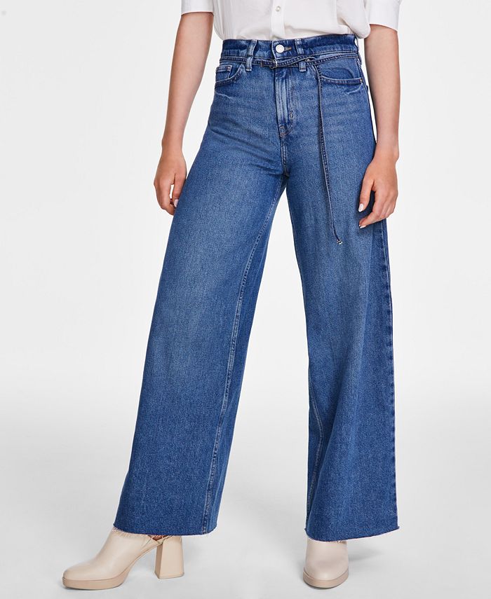 Calvin Klein Jeans Women's Cotton High-Rise Wide-Leg Belted Jeans - Macy's