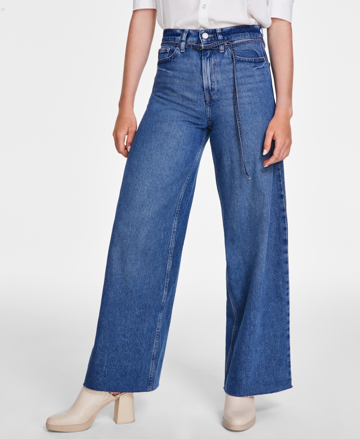 Calvin Klein Jeans Est.1978 Women's Cotton High-rise Wide-leg Belted Jeans In Trinity