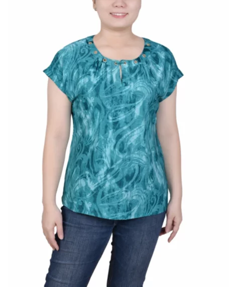 Petite Extended Short Sleeve Top with Grommets - Emerald Waves