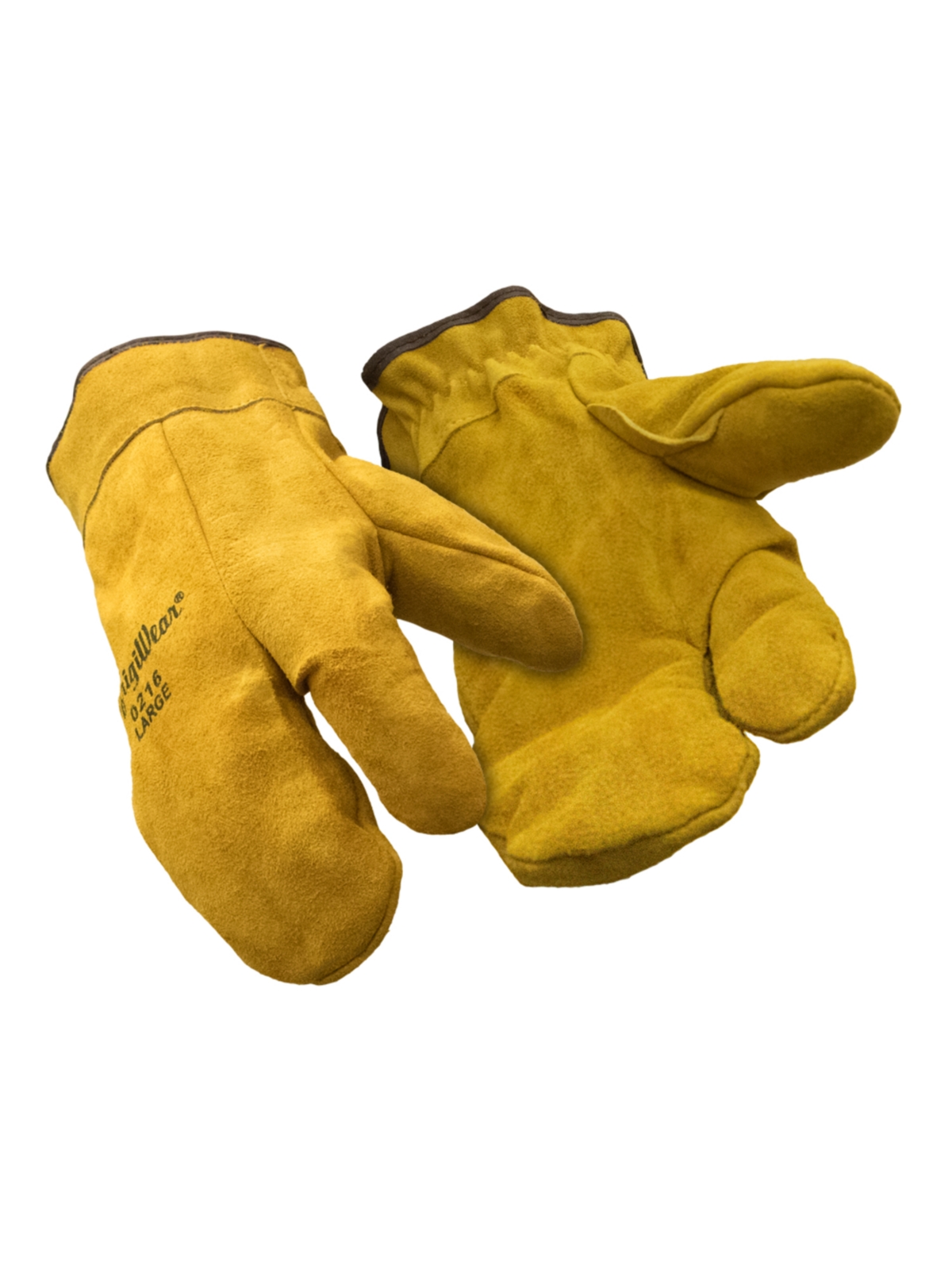 Men's Three Finger Split Leather Mitten Gloves - Gold