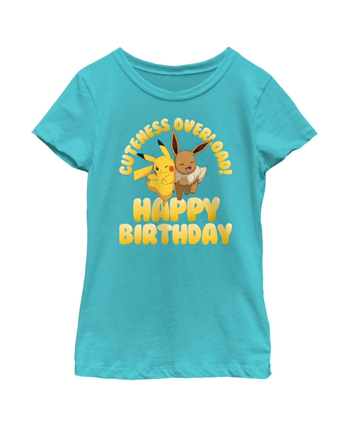Nintendo Girl's Pokemon Pikachu And Eevee Cuteness Overload Happy Birthday Child T-shirt In Tahiti Blue