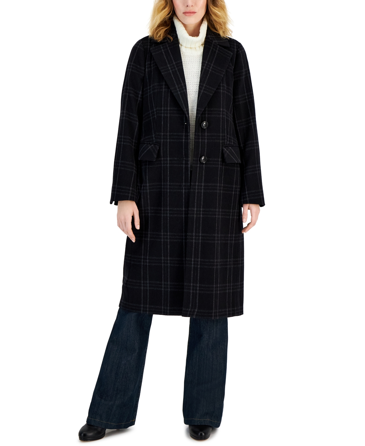 Michael Kors Michael  Women's Single-breasted Wool Blend Coat, Created For Macy's In Black,light Grey