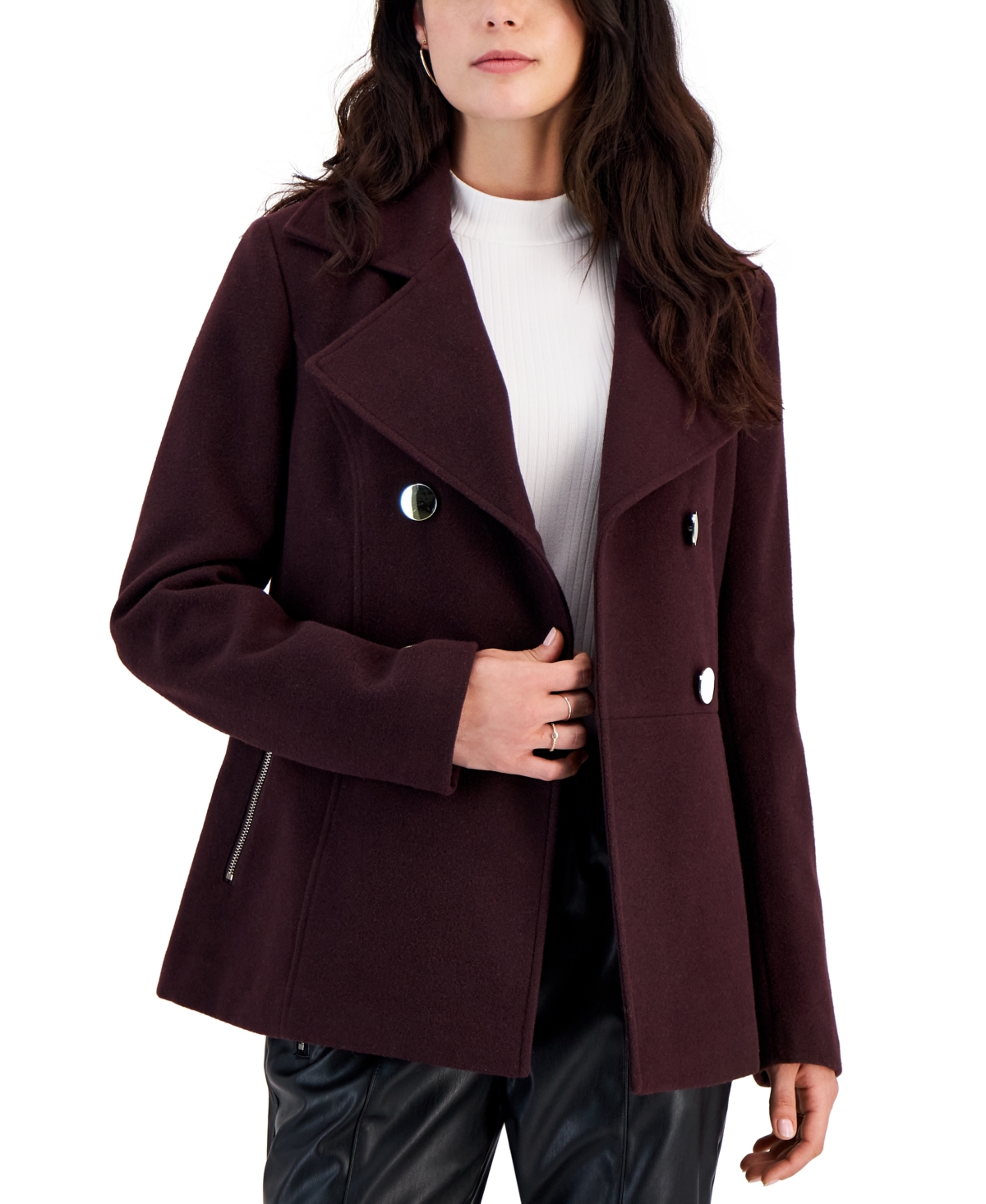 Juniors' Double-Breasted Long-Sleeve Peacoat, Created for Macy's - Wine