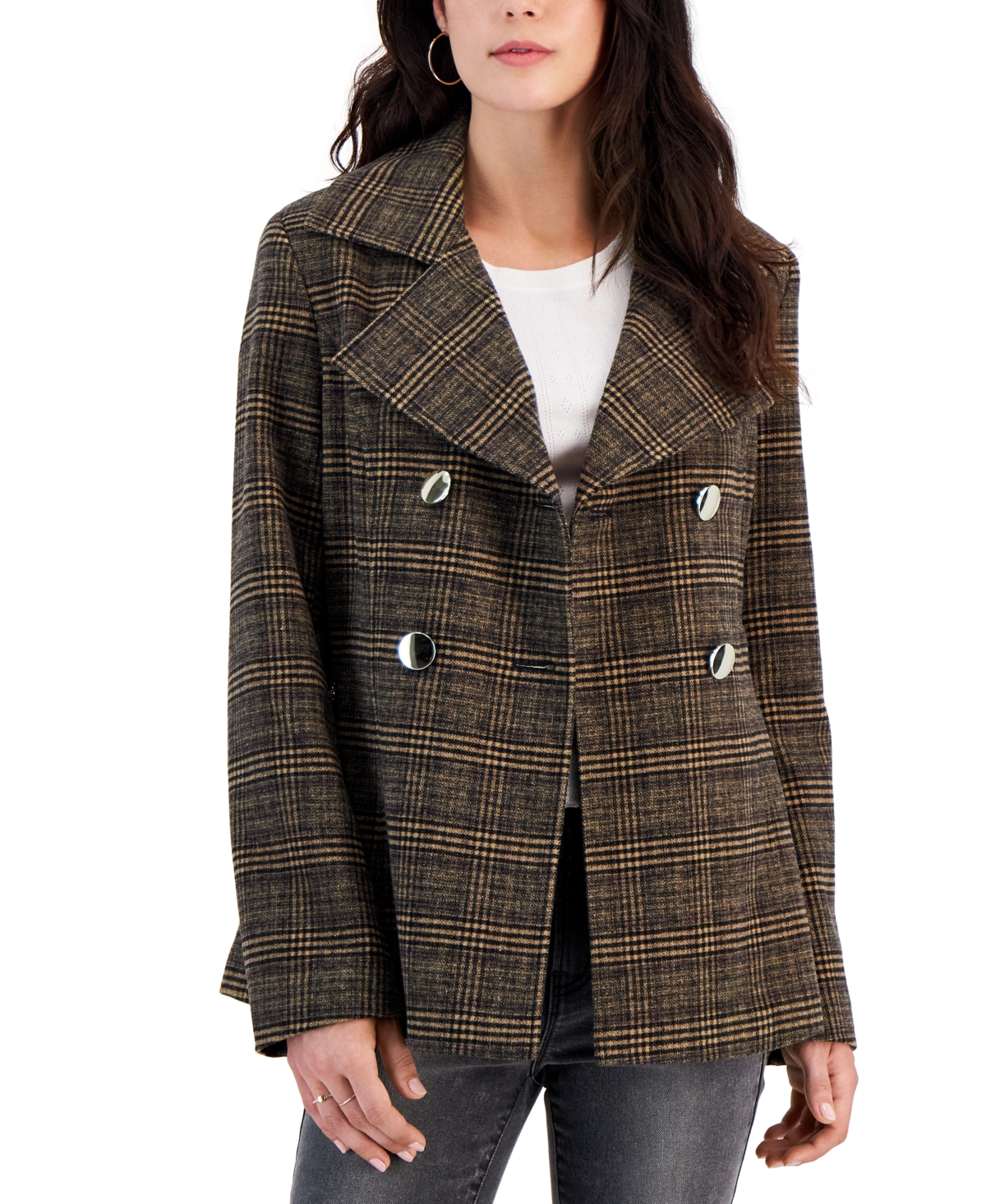 Juniors' Double-Breasted Long-Sleeve Peacoat, Created for Macy's - Dark Brown/Purple Plaid