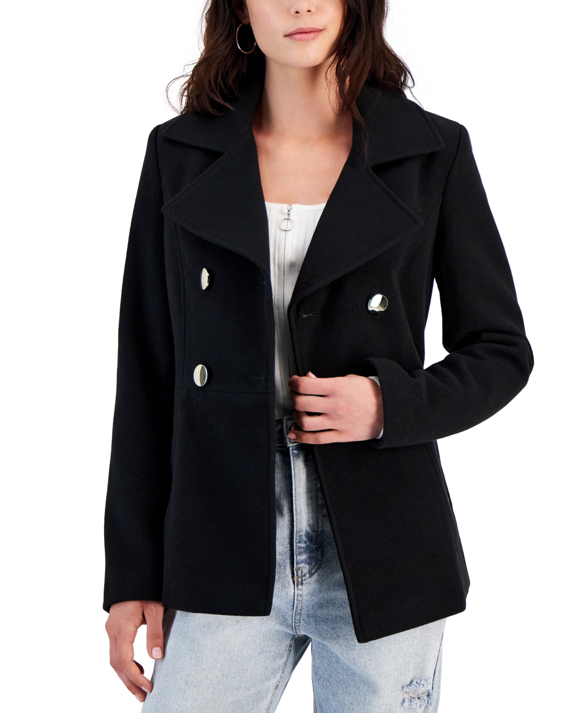 Juniors' Double-Breasted Long-Sleeve Peacoat, Created for Macy's - Black
