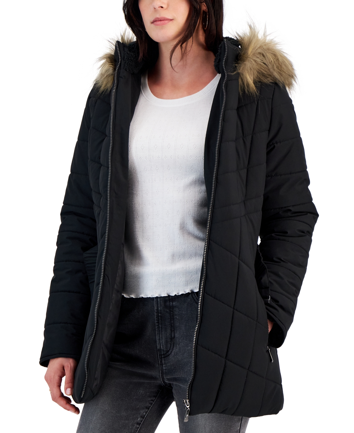 Juniors' Belted Faux-Fur-Hooded Puffer Coat - Black