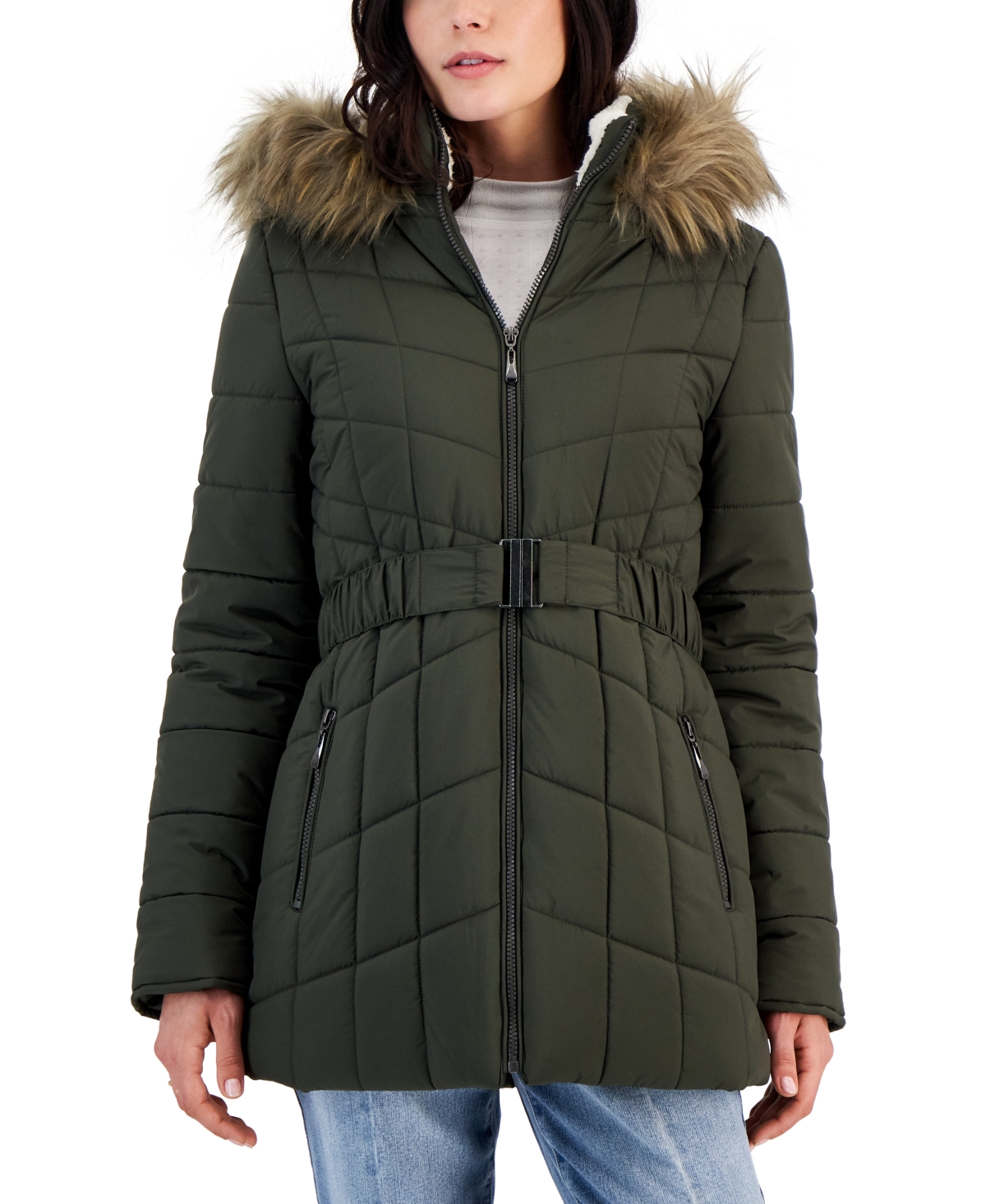 Maralyn & Me Juniors' Belted Faux-fur-hooded Puffer Coat In Olive