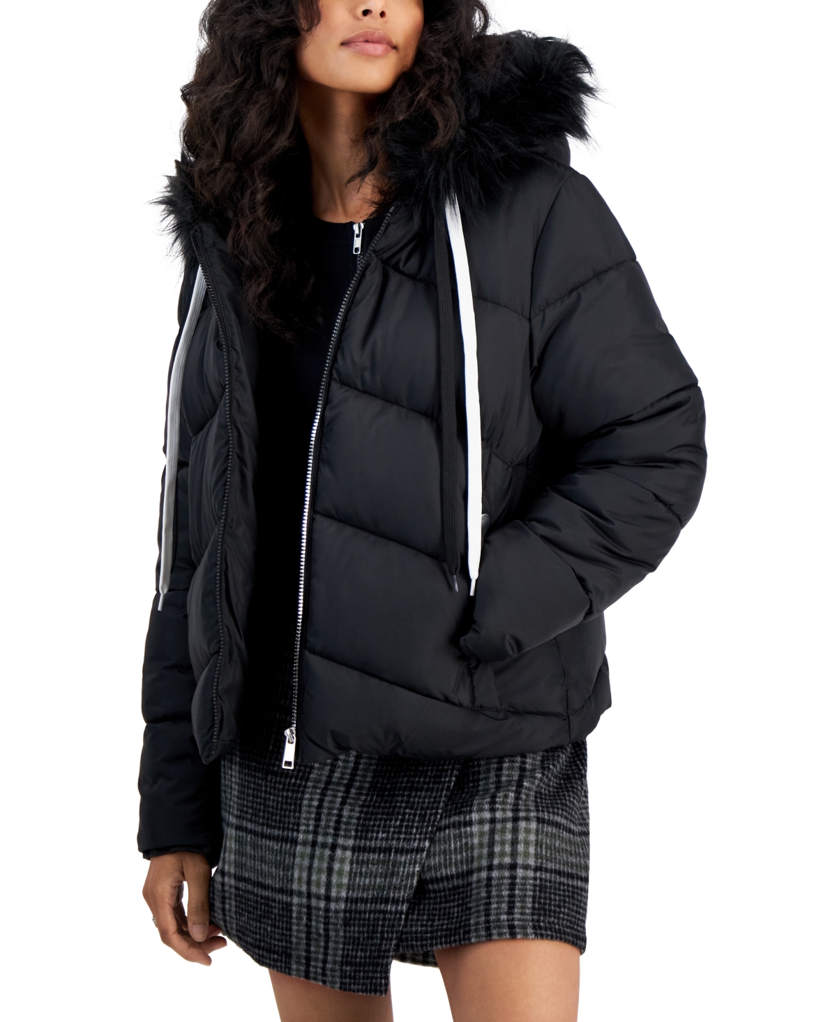 Maralyn & Me Juniors' Hooded Faux-fur-trim Puffer Coat In Black