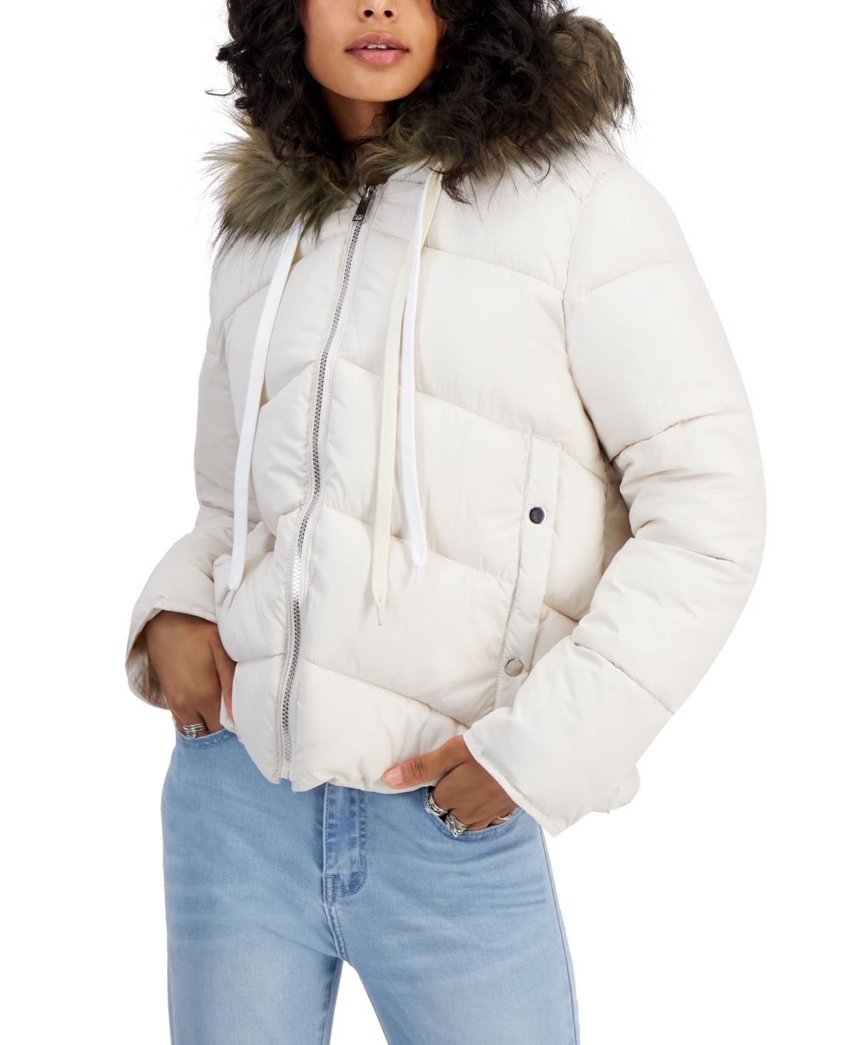 Maralyn & Me Juniors' Hooded Faux-fur-trim Puffer Coat In Ivory
