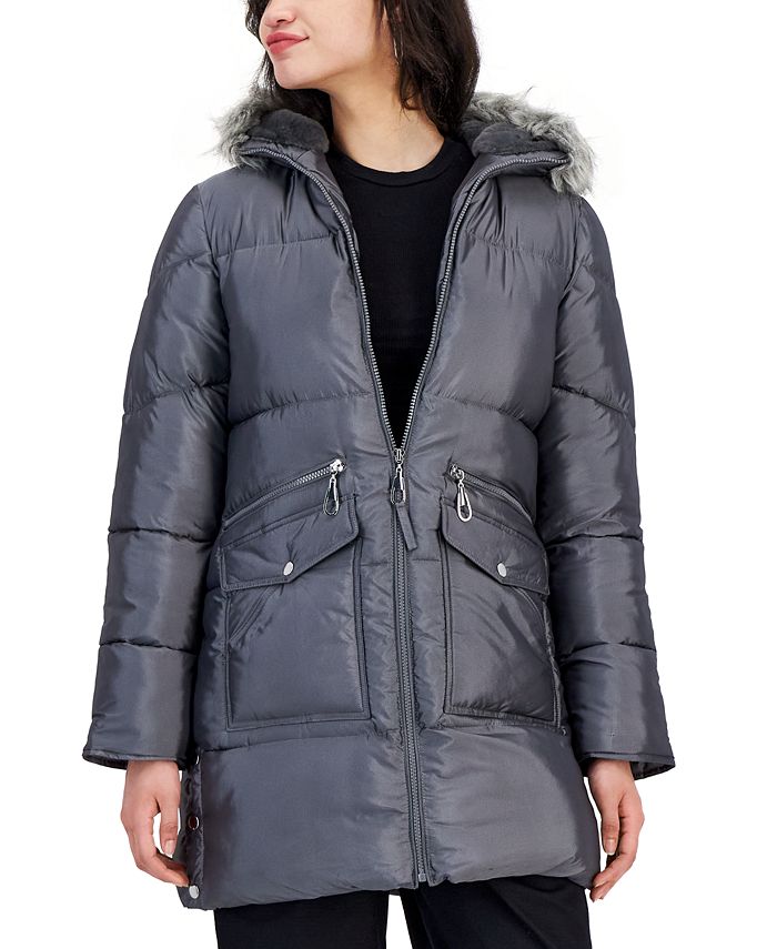 Maralyn & Me Juniors' Faux-Fur-Collar Asymmetrical Coat Red Size XS