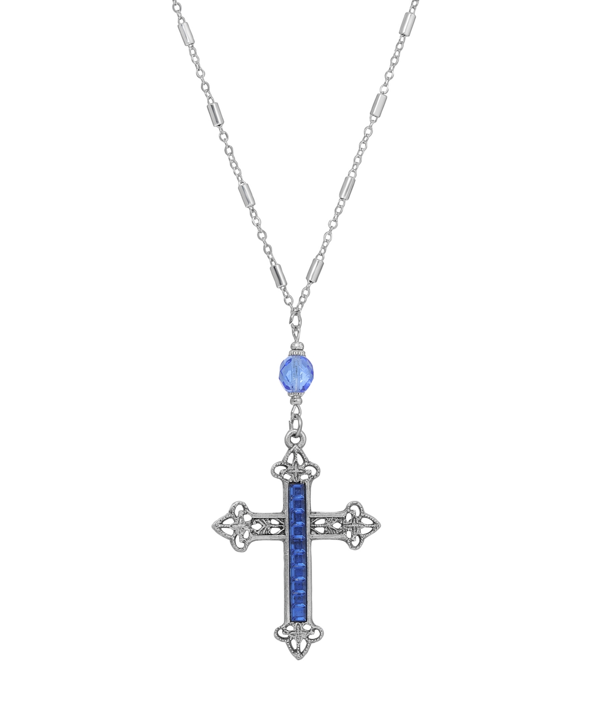 2028 Glass Crystal Cross Necklace 28" In Blue