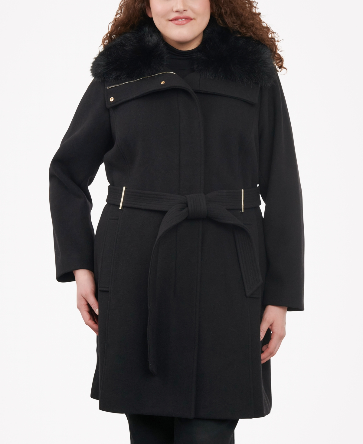 Michael Michael Kors Women's Plus Size Belted Faux-Fur-Collar Coat - Black