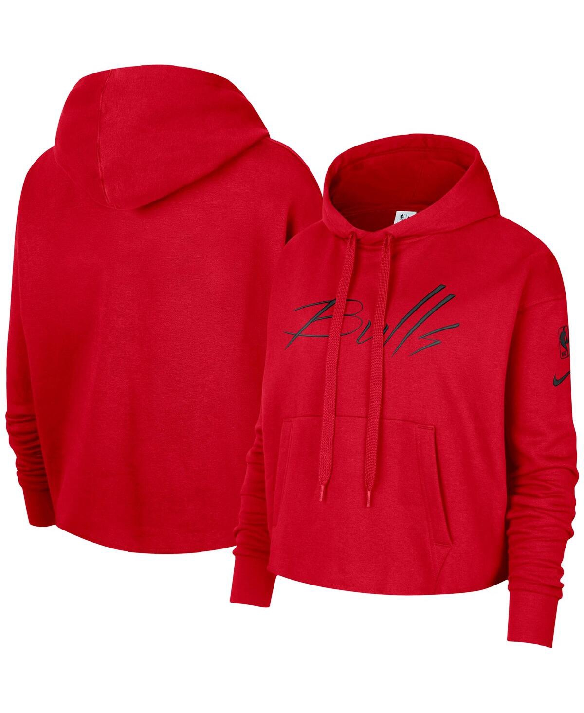 Shop Nike Women's  Red Chicago Bulls Split Flip Courtside Cropped Pullover Hoodie