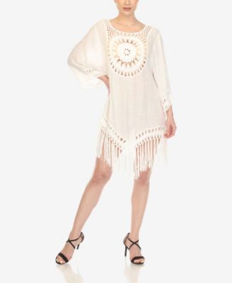 Women's Crocheted Fringed Trim 3/4 Sleeves Cover Up Dress