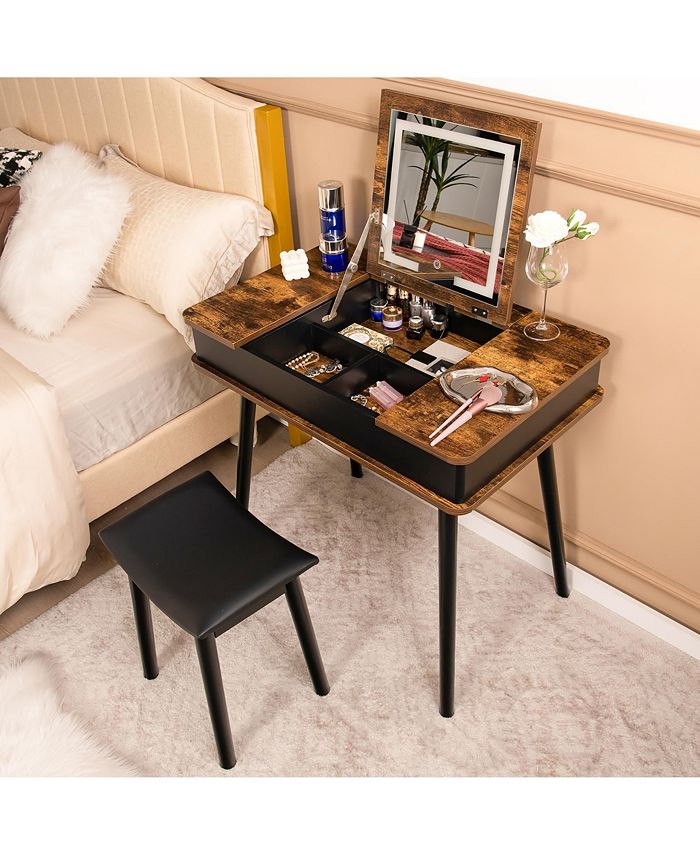 Costway Vanity Table Set Flip Top Mirror Lights USB Port Cushioned