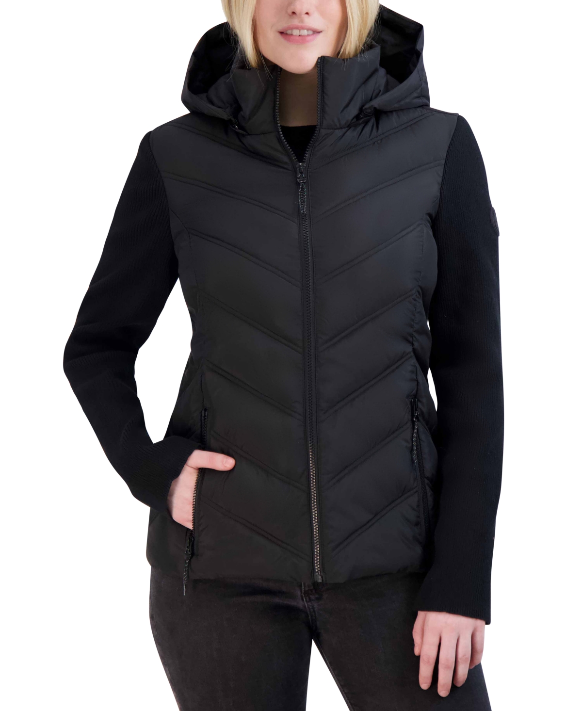 Nautica Women's Mix-knit-sleeve Hooded Packable Puffer Coat In Black