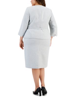 Plus Size Metallic Tweed Belted Jacket & Pencil Skirt Suit Set