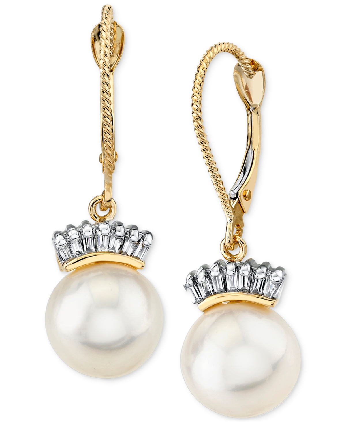 Macy's Cultured Freshwater Pearl (9mm) & Diamond (1/5 Ct. T.w.) Crown Drop Earrings In 14k Gold