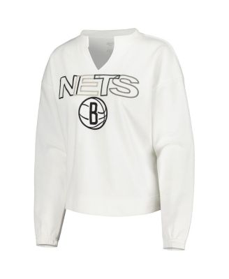 Women's White Brooklyn Nets Sunray Notch Neck Long Sleeve T-shirt