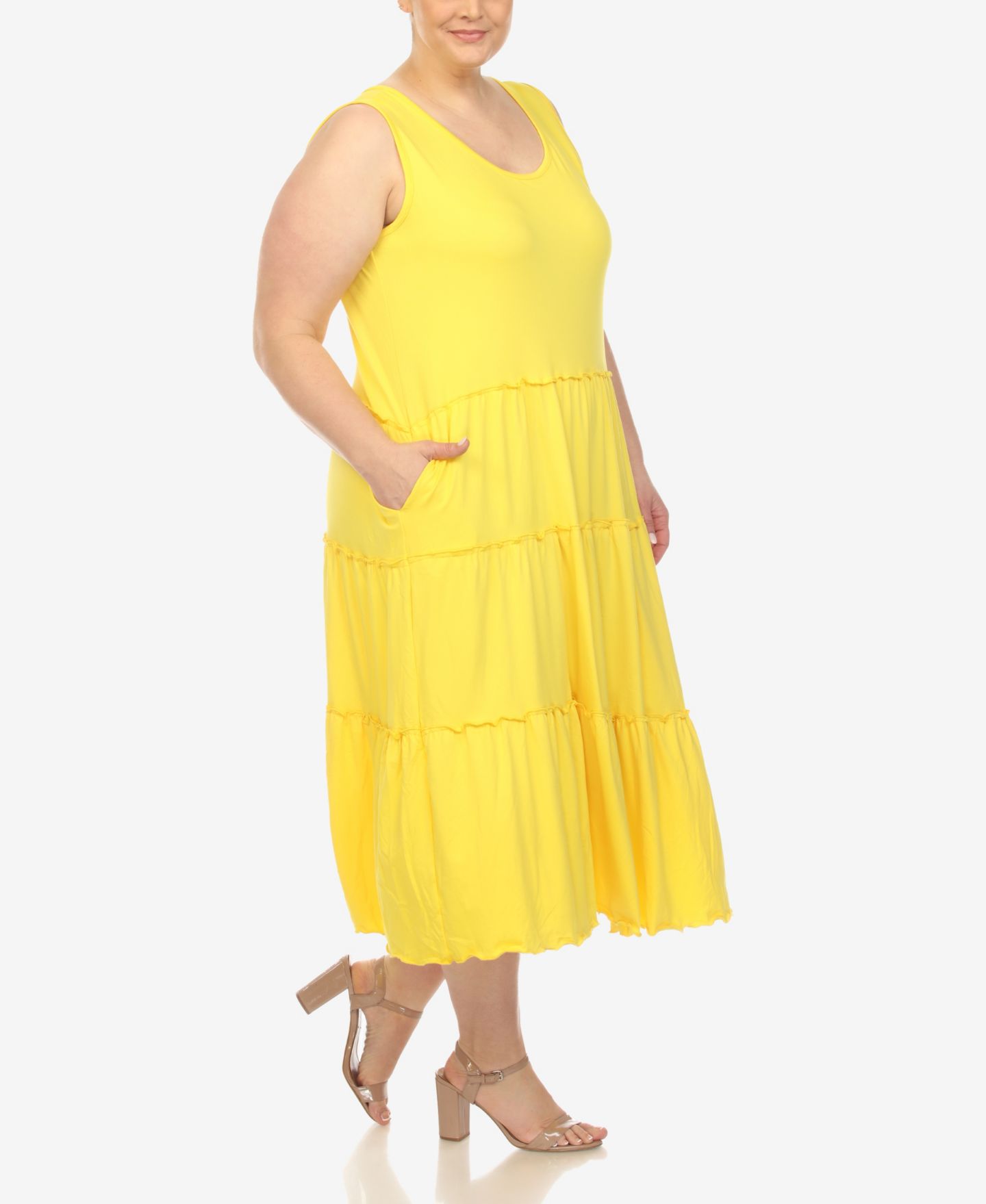 Женское платье White Mark Plus Size Scoop Neck Tiered Midi, цвет: Жёлтый — фото 3