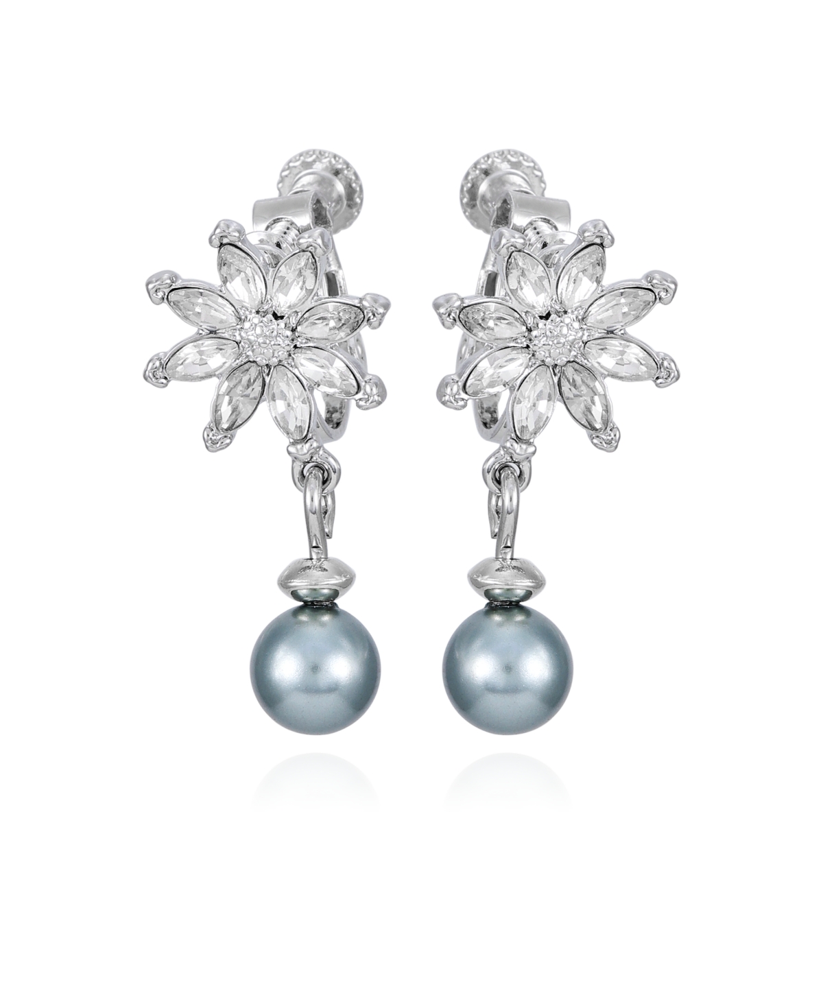 T Tahari Silver-tone Imitation Glass Pearl Flower Stud Dangle Charm Earrings