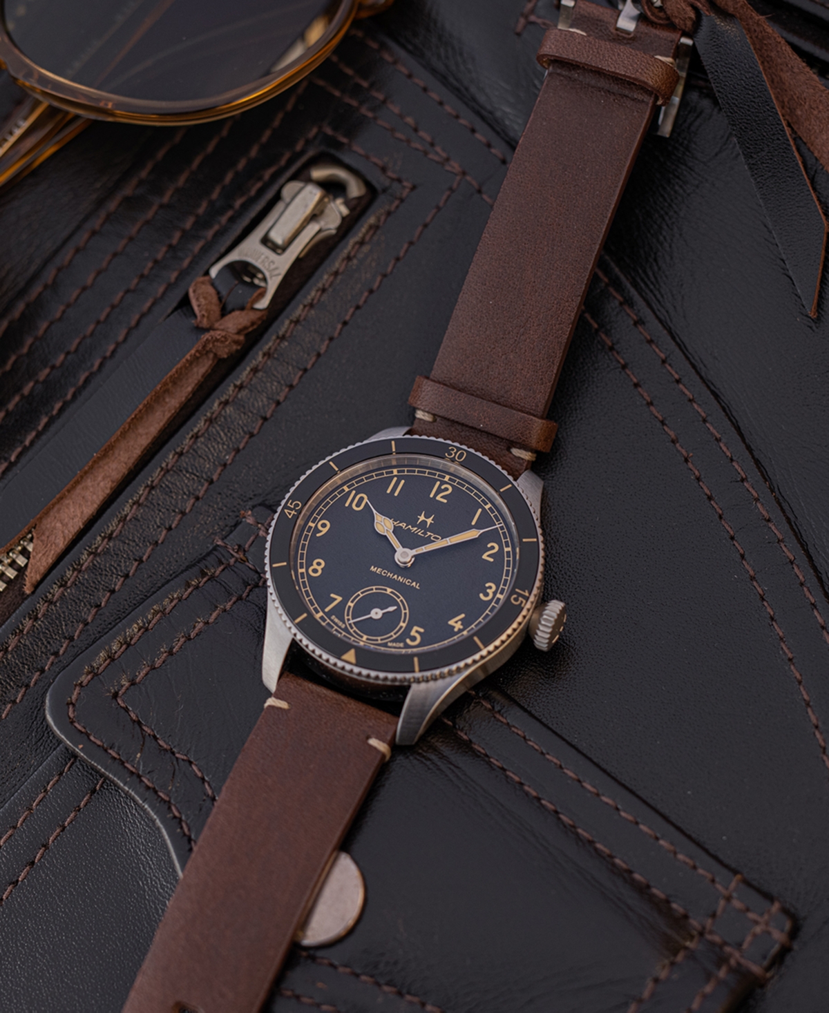 Shop Hamilton Men's Khaki Aviation Pioneer Brown Leather Strap Watch 43mm